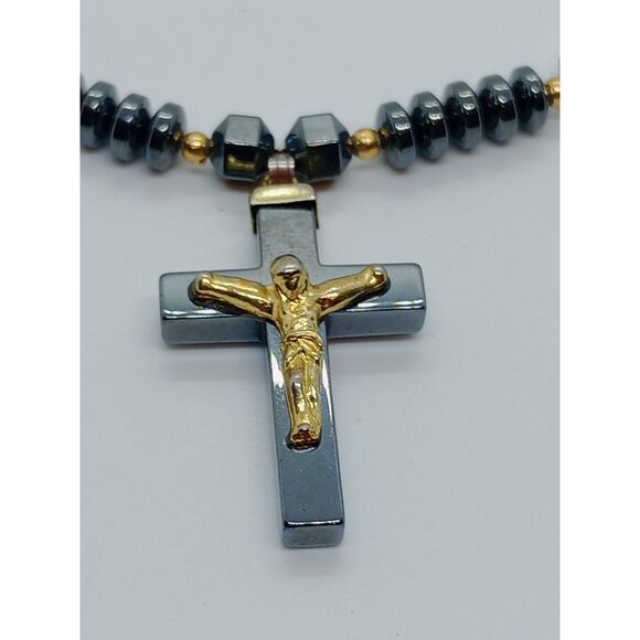 Hematite Gold Tone Cross Pendant 18" Beaded Necklace - Picture 3 of 6